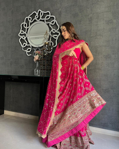 Dark Pink Georgette Lehenga Set with Sequin & Zari Embroidery | Lehenga Choli with Dupatta
