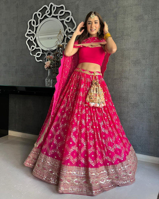 Dark Pink Georgette Lehenga Set with Sequin & Zari Embroidery | Lehenga Choli with Dupatta