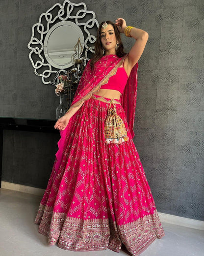 Dark Pink Georgette Lehenga Set with Sequin & Zari Embroidery | Lehenga Choli with Dupatta