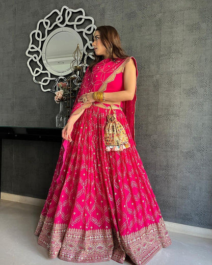 Dark Pink Georgette Lehenga Set with Sequin & Zari Embroidery | Lehenga Choli with Dupatta