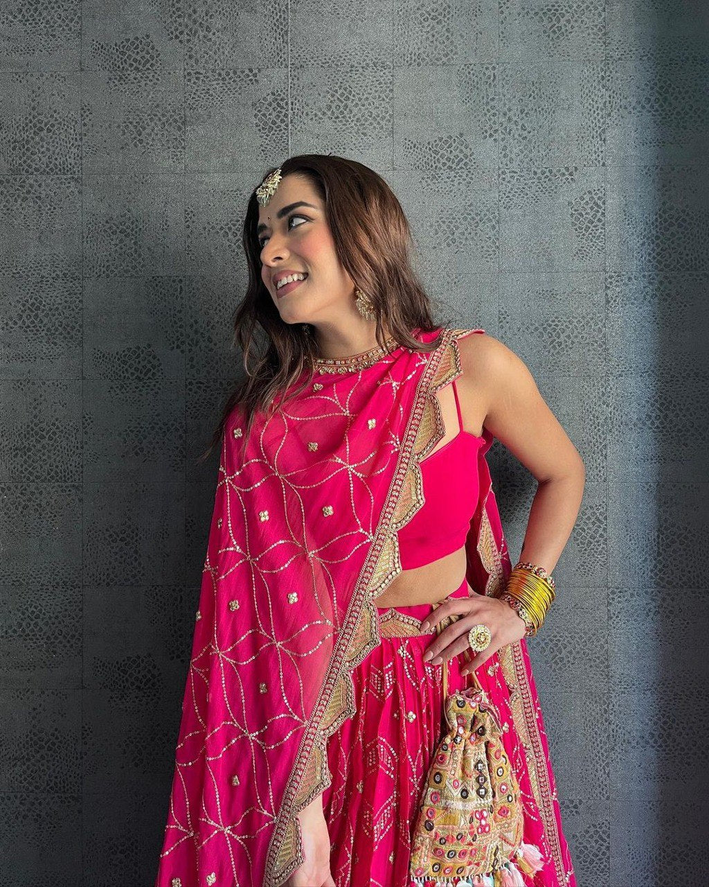 Dark Pink Georgette Lehenga Set with Sequin & Zari Embroidery | Lehenga Choli with Dupatta