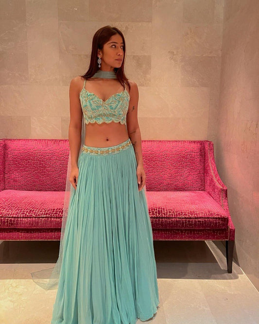 Turquoise Georgette Lehenga Set with 5-Meter Flair & Sequin Embroidered Blouse | Wedding & Festive Wear