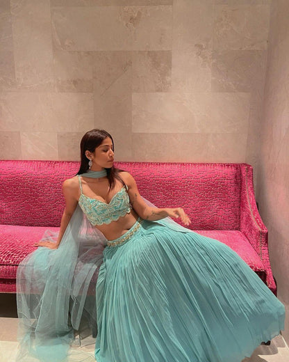 Turquoise Georgette Lehenga Set with 5-Meter Flair & Sequin Embroidered Blouse | Wedding & Festive Wear
