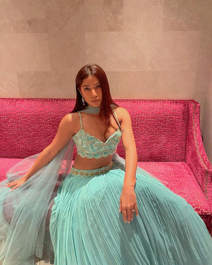 Turquoise Georgette Lehenga Set with 5-Meter Flair & Sequin Embroidered Blouse | Wedding & Festive Wear