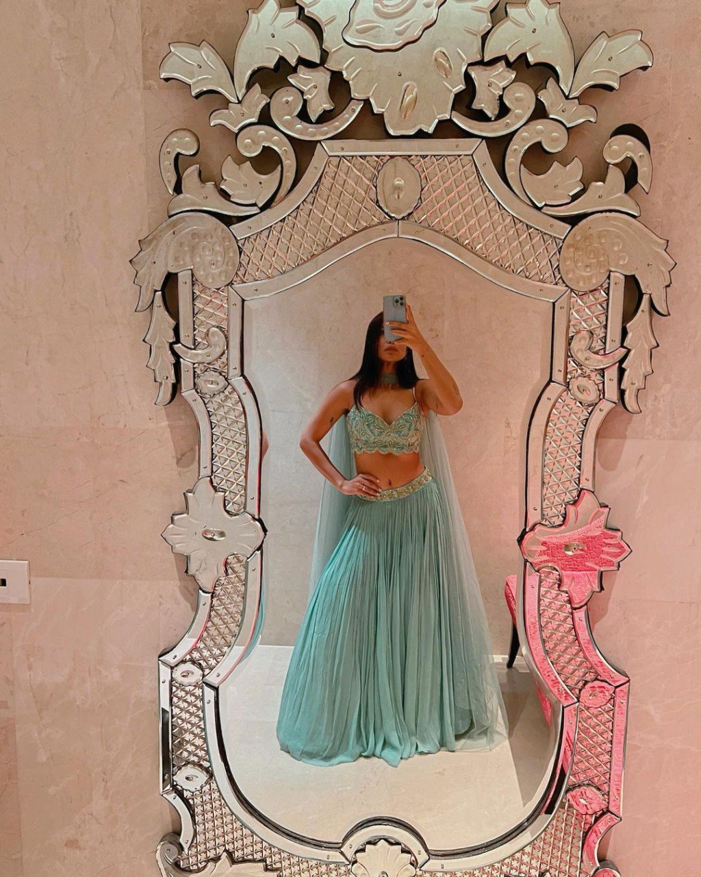 Turquoise Georgette Lehenga Set with 5-Meter Flair & Sequin Embroidered Blouse | Wedding & Festive Wear