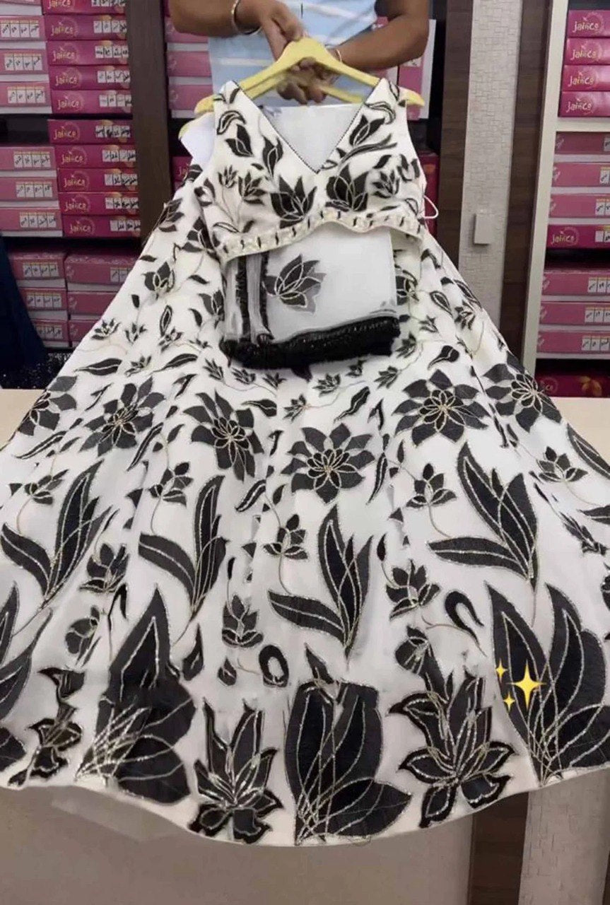 Black & Off-White Georgette Lehenga Set with Sequin Embroidery | Semi-Stitched Party Wear