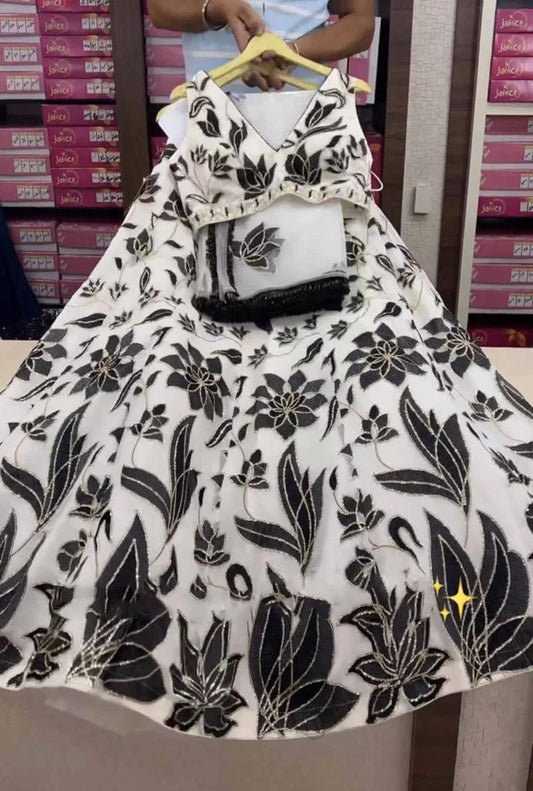 Black & Off-White Georgette Lehenga Set with Sequin Embroidery | Semi-Stitched Party Wear