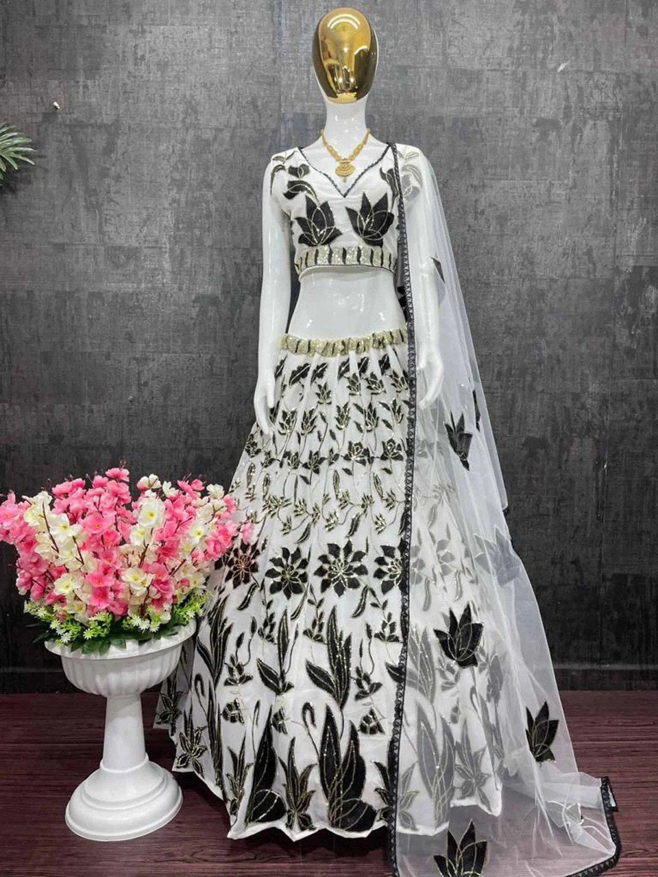 Black & Off-White Georgette Lehenga Set with Sequin Embroidery | Semi-Stitched Party Wear