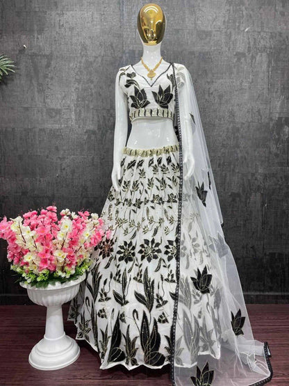 Black & Off-White Georgette Lehenga Set with Sequin Embroidery | Semi-Stitched Party Wear