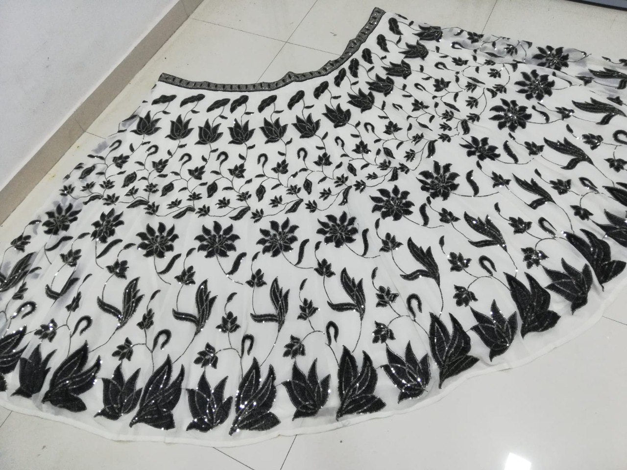 Black & Off-White Georgette Lehenga Set with Sequin Embroidery | Semi-Stitched Party Wear