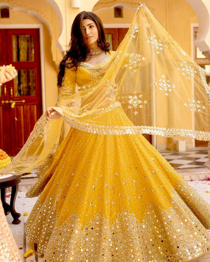 Yellow Georgette Lehenga Choli with Paper Mirror Work | Bridal & Party Wear Lehenga Set with Dupatta