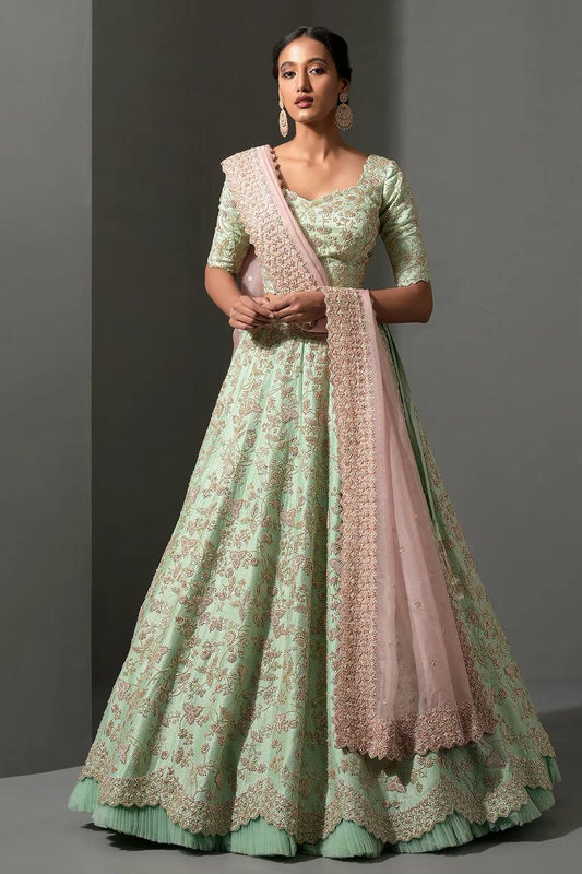 Mint Green Embroidered Silk Lehenga Choli with Pastel Peach Dupatta | Designer Wedding & Party Wear