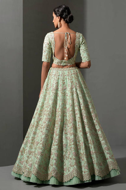Mint Green Embroidered Silk Lehenga Choli with Pastel Peach Dupatta | Designer Wedding & Party Wear