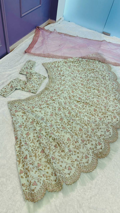 Mint Green Embroidered Silk Lehenga Choli with Pastel Peach Dupatta | Designer Wedding & Party Wear