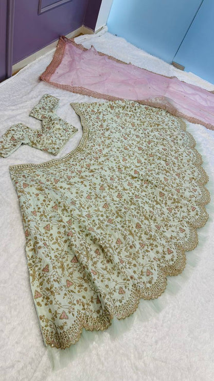 Mint Green Embroidered Silk Lehenga Choli with Pastel Peach Dupatta | Designer Wedding & Party Wear