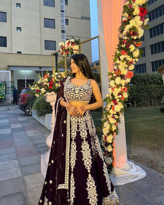 Dark Violet Kasturi Silk Lehenga Choli with Sequins & Thread Embroidery | Bridal & Party Wear Lehenga Set with Dupatta (Copy)