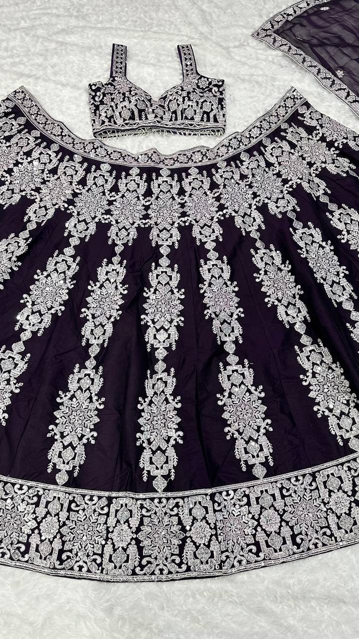 Dark Violet Kasturi Silk Lehenga Choli with Sequins & Thread Embroidery | Bridal & Party Wear Lehenga Set with Dupatta