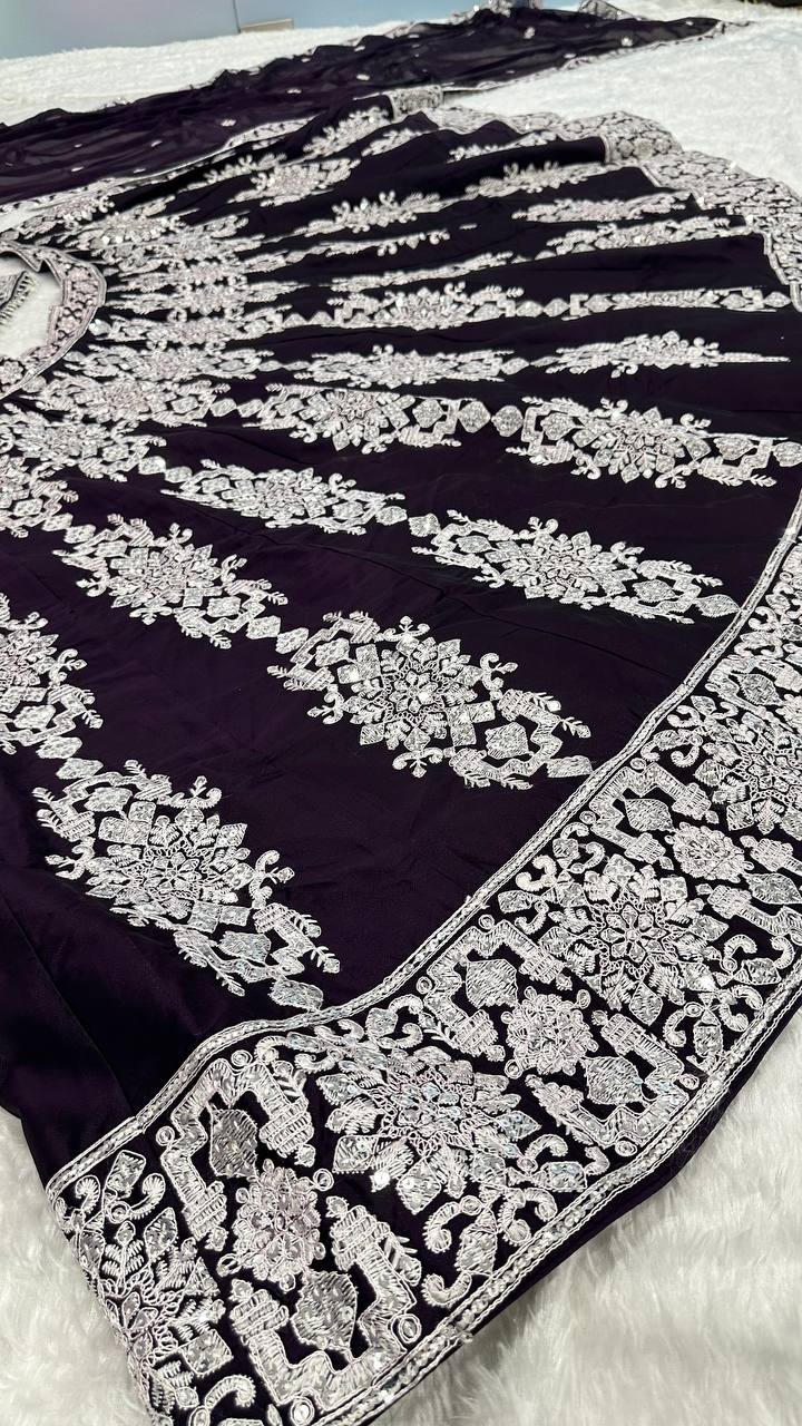 Dark Violet Kasturi Silk Lehenga Choli with Sequins & Thread Embroidery | Bridal & Party Wear Lehenga Set with Dupatta