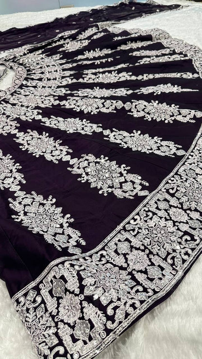 Dark Violet Kasturi Silk Lehenga Choli with Sequins & Thread Embroidery | Bridal & Party Wear Lehenga Set with Dupatta
