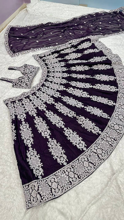 Dark Violet Kasturi Silk Lehenga Choli with Sequins & Thread Embroidery | Bridal & Party Wear Lehenga Set with Dupatta