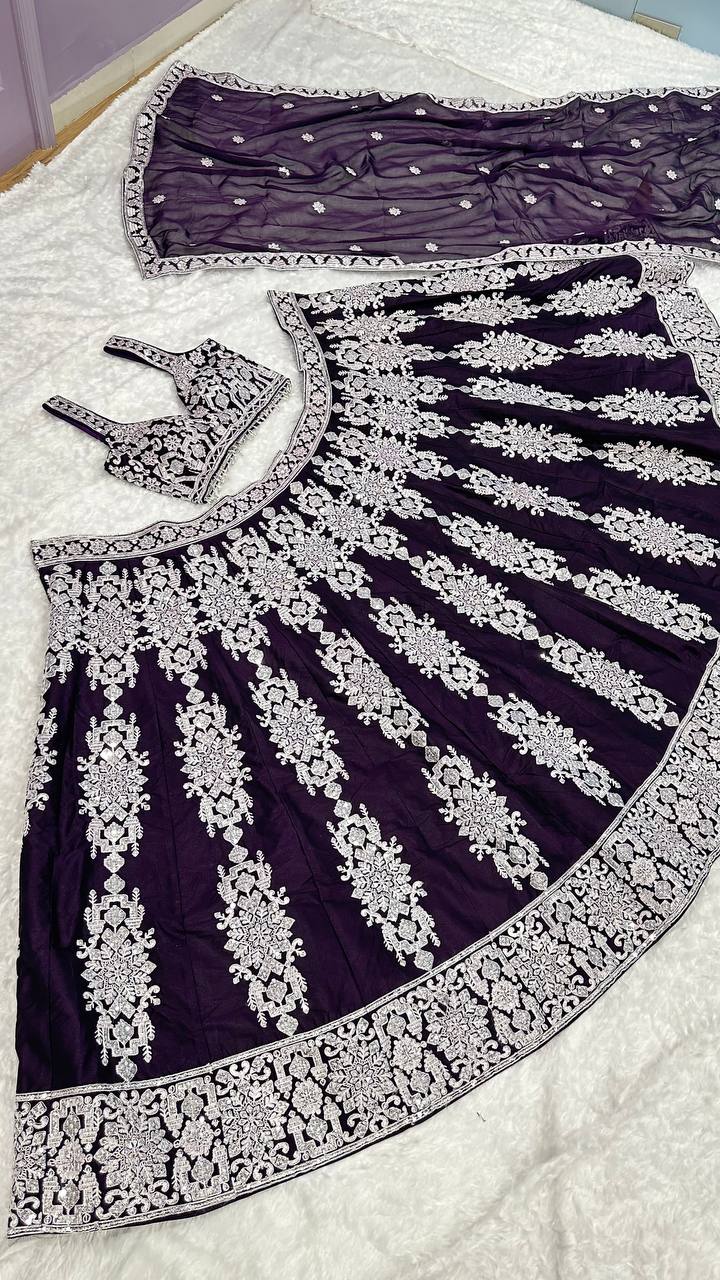 Dark Violet Kasturi Silk Lehenga Choli with Sequins & Thread Embroidery | Bridal & Party Wear Lehenga Set with Dupatta