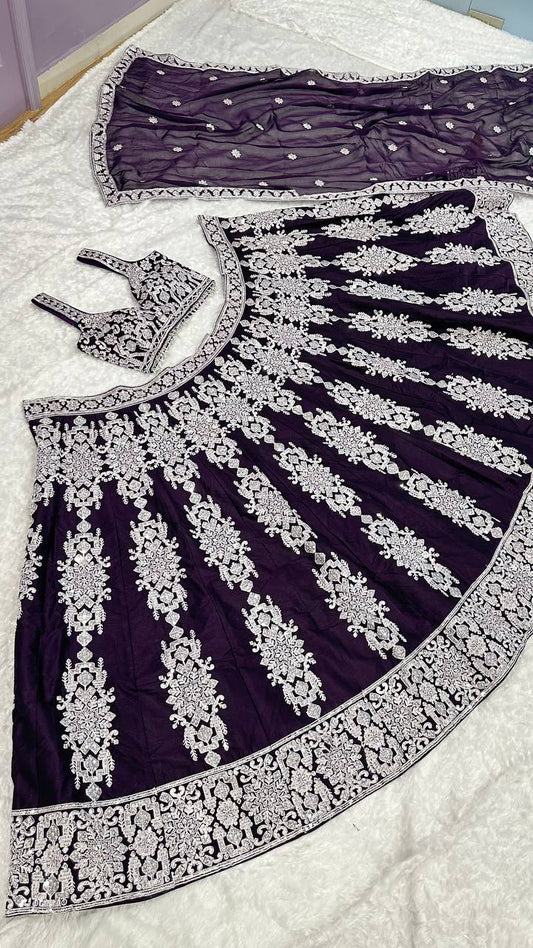 Dark Violet Kasturi Silk Lehenga Choli with Sequins & Thread Embroidery | Bridal & Party Wear Lehenga Set with Dupatta