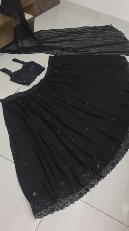 Black Georgette Lehenga with Sequins & Thread Work | Banglori Satin Blouse & Dupatta | Party Wear Lehenga Choli Set