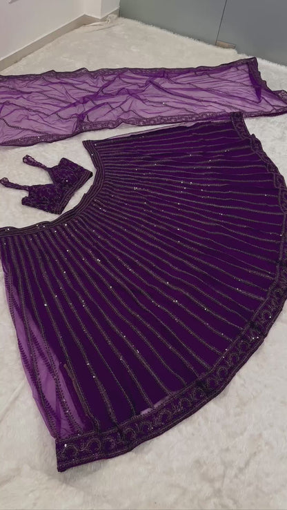 Purple Net Sequin & Dori Work Lehenga Choli with Dupatta | Party & Wedding Wear