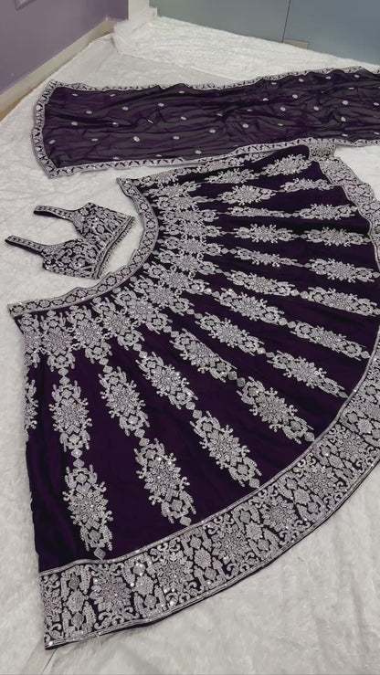 Dark Violet Kasturi Silk Lehenga Choli with Sequins & Thread Embroidery | Bridal & Party Wear Lehenga Set with Dupatta