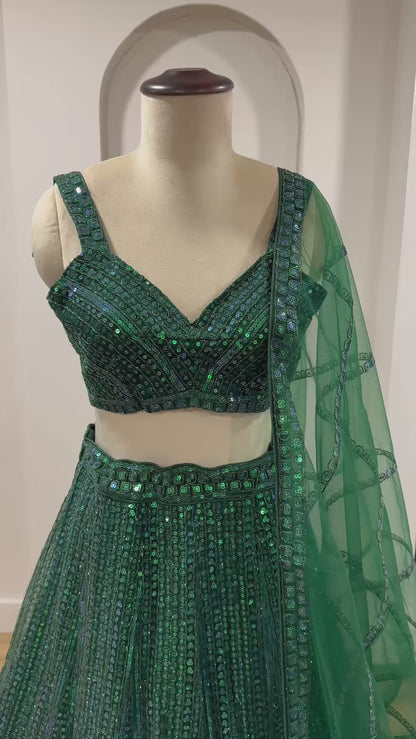 Green Rainbow Sequins & Dori Work Net Lehenga Choli with Dupatta – Ready to Ship (Copy)